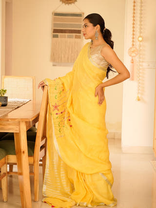Golden Grace Hand-Embroidered Tissue Linen Saree