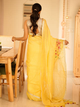 Golden Grace Hand-Embroidered Tissue Linen Saree