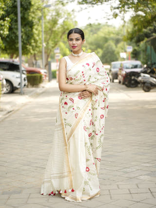Ivory Garden Embroidered Linen Saree