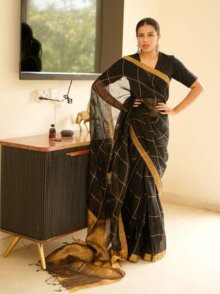 Black Linen Saree with Golden Zari Checks & Border