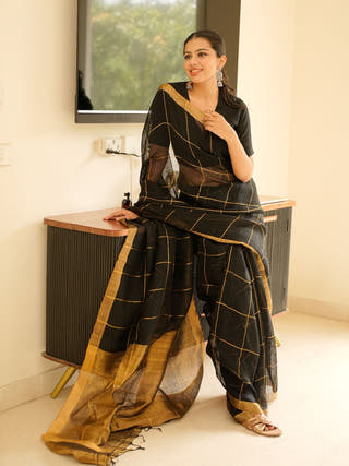 Black Linen Saree with Golden Zari Checks & Border