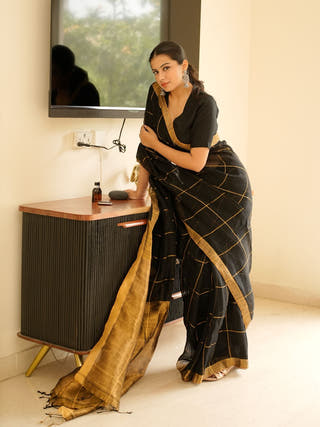Black Linen Saree with Golden Zari Checks & Border