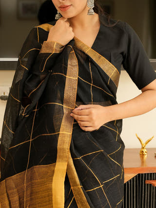 Black Linen Saree with Golden Zari Checks & Border