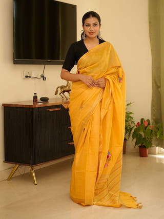 Sunlit Mustard Linen Saree with Zari Border