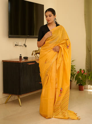 Sunlit Mustard Linen Saree with Zari Border