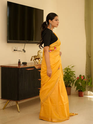 Sunlit Mustard Linen Saree with Zari Border