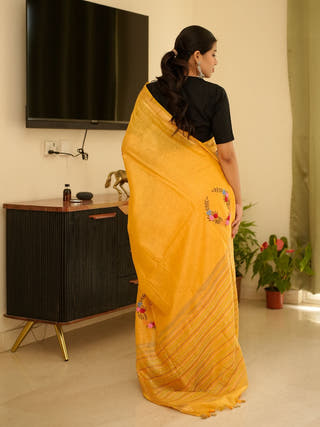 Sunlit Mustard Linen Saree with Zari Border