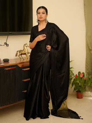 Black Silk Saree with Gold Zari Border