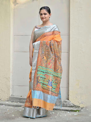 Madhubani Simple Rural Life Handloom Cotton Mulberry Silk Saree