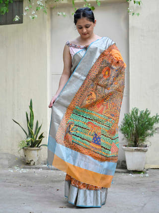 Madhubani Simple Rural Life Handloom Cotton Mulberry Silk Saree