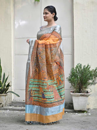 Madhubani Simple Rural Life Handloom Cotton Mulberry Silk Saree