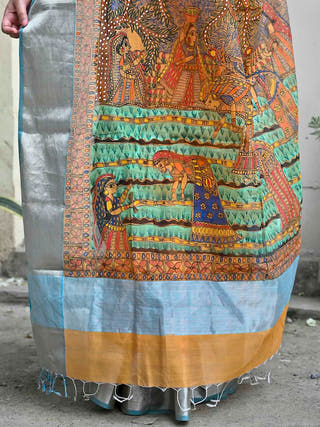Madhubani Simple Rural Life Handloom Cotton Mulberry Silk Saree