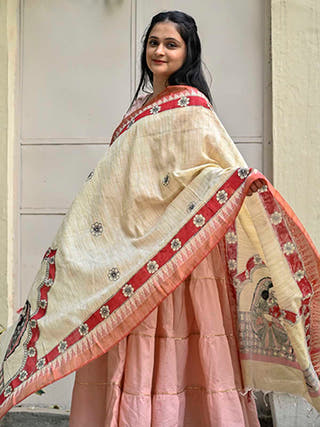 Madhubani Hand Painted Makhan Chor Cotton Dupatta