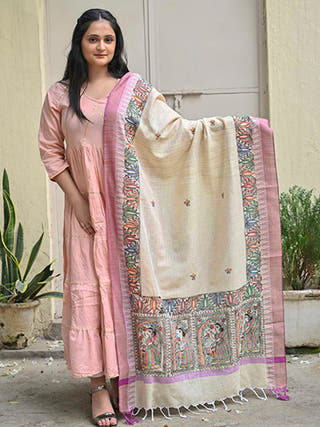 Madhubani Hand Painted Cotton Dupatta Beige