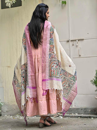 Madhubani Hand Painted Cotton Dupatta Beige