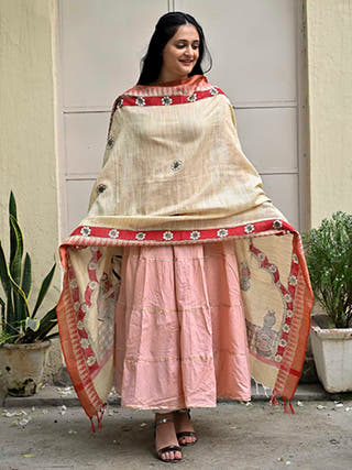Madhubani Hand Painted Makhan Chor Cotton Dupatta
