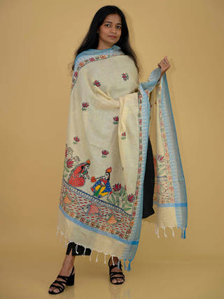 Handpainted Serene Madhubani Cotton Dupatta