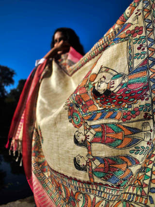 Madhubani Handpainted Beige Cotton Dupatta Red Border