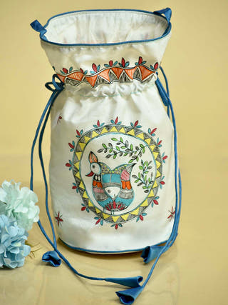 Madhubani Handpainted Silk Potli Blue Piping