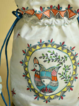 Madhubani Handpainted Silk Potli Blue Piping