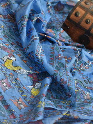Madhubani Hand Painted Tussar Silk Dupatta Blue