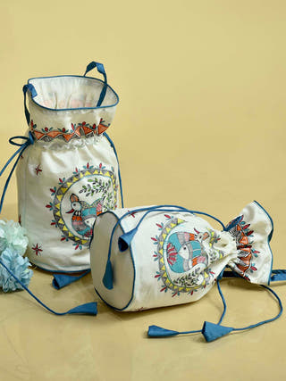 Madhubani Handpainted Silk Potli Blue Piping