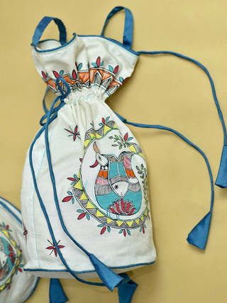 Madhubani Handpainted Silk Potli Blue Piping