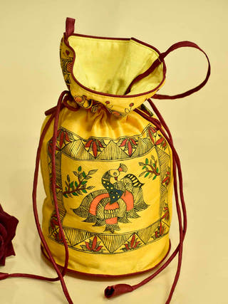 Madhubani Handpainted Silk Potli with Border