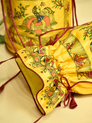 Madhubani Handpainted Silk Potli with Border