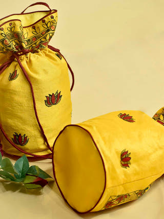 Madhubani Handpainted Silk Potli with Border