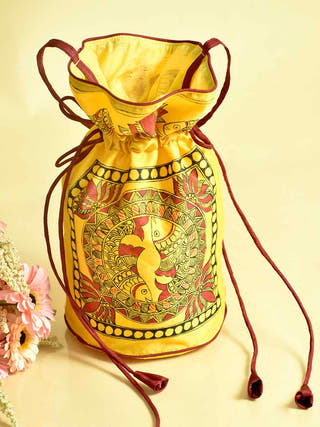 Madhubani Handpainted Silk Potli Beige