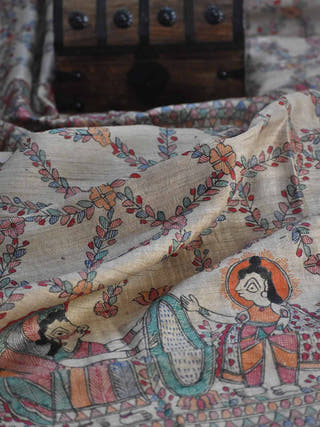Madhubani Hand Painted Natural Tussar Silk Dupatta