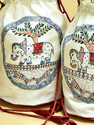Madhubani Handpainted Silk Potli Offwhite