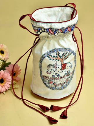 Madhubani Handpainted Silk Potli Offwhite