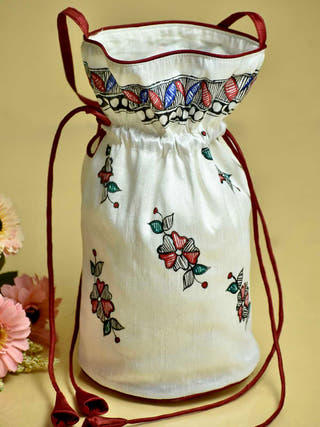 Madhubani Handpainted Silk Potli Offwhite