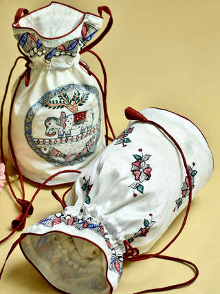 Madhubani Handpainted Silk Potli Offwhite