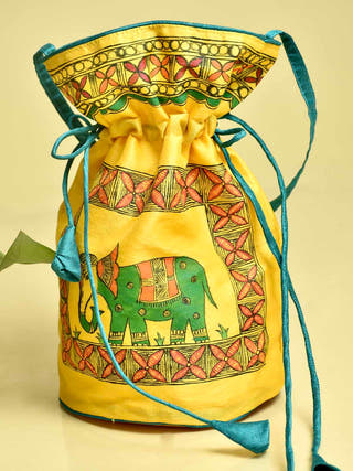 Madhubani Handpainted Silk Potli Elephant