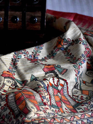 Madhubani Hand Painted Cotton Dupatta Beige