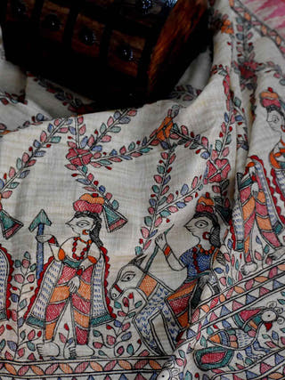 Madhubani Hand Painted Cotton Dupatta Beige