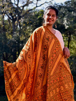 Madhubani Hand Painted Tangerine Orange Silk Dupatta
