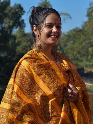 Madhubani Hand Painted Tangerine Orange Silk Dupatta