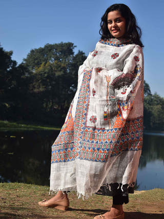 Madhubani Hand Painted White Linen Dupatta