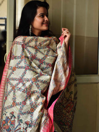 Madhubani Hand Painted Cotton Dupatta Beige