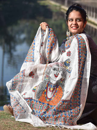 Madhubani Hand Painted White Linen Dupatta