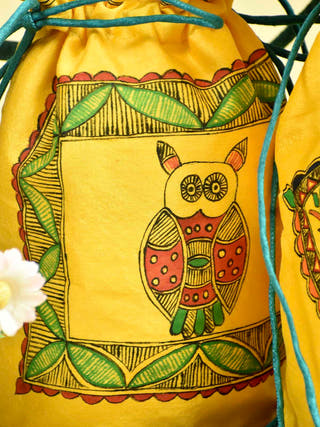 Madhubani Handpainted Silk Potli Owl Motif