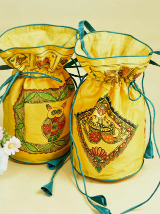 Madhubani Handpainted Silk Potli Owl Motif
