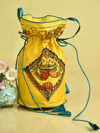 Madhubani Handpainted Silk Potli Owl Motif