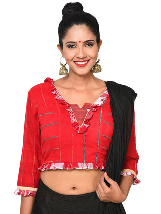 Bengali Khesh Blouse With Frill Sleeves Red Prathaa