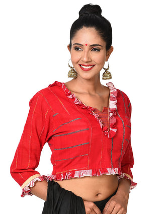 Bengali Khesh Blouse With Frill Sleeves Red Prathaa