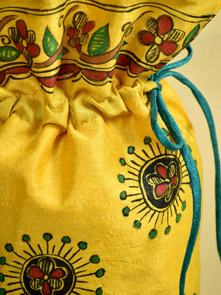 Madhubani Handpainted Silk Potli Yellow